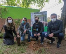 A primeira-dama Luciana Saito Massa, que preside o Conselho de Ação Solidária, e o secretário de Desenvolvimento Sustentável e do Turismo, Márcio Nunes, participam da distribuição de mudas da campanha Floresce Paraná.F oto: Valdelino Pontes